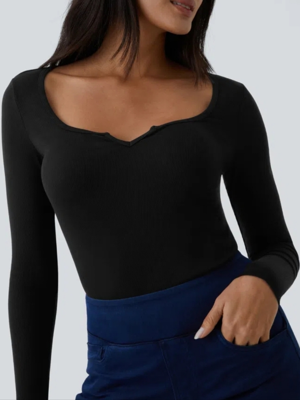 Halara Ribbed Scoop Neck Long Sleeve Slim Casual Top Size Small Color Black NWT
